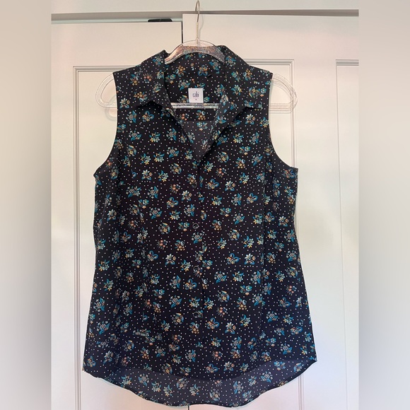 CAbi Tops - CAbi Sleeveless Floral Blouse - Black and Blue